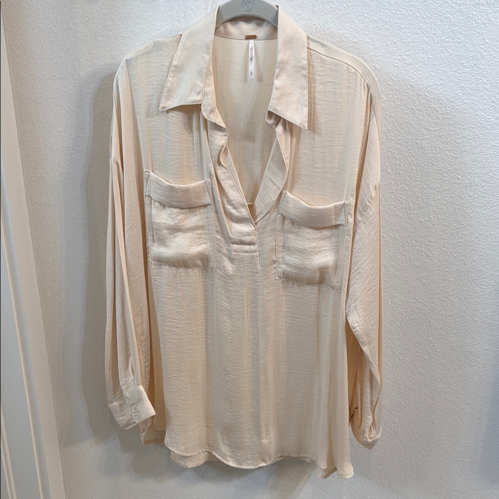 Free People Cream Long Sleeve Notched Collar Blouse